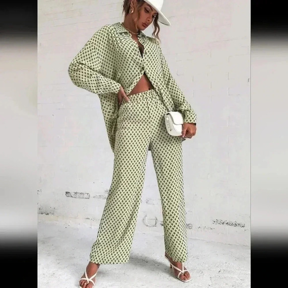 Argyle Print Drop Shoulder Blouse & Wide Leg Pants - Picture 1 of 6